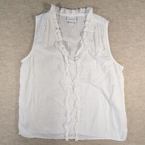 100% Cotton White Gauze Ruffle Sleeveless Top Blouse Liz Claiborne Vintage XL